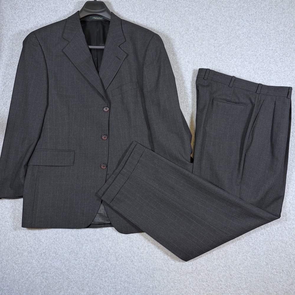 Chaps Ralph Lauren 2pc Suit Mens 42R Grey Pinstripe Wool 36x30 Pleated Pants VTG